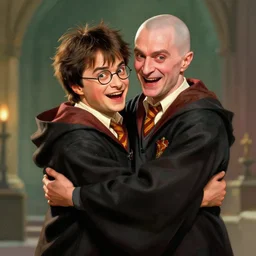 harry potter and voldemort ecstatically hugging each other, digital painting, happy, detailed,