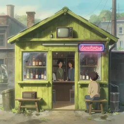 movie scene of a wooden decorated liquor store, lviv, a very misty day, industrial surrounding, painted pale yellow and green, old tv and radio hardware, a neon sign, by ian mcque ferdinand knab, makoto shinkai and lois van baarle, artgerm, pixar, ilya kuvshinov,, tom bagshaw, global illumination