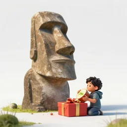 hyper realistic giant moai eating half of a kid after opening a christmas pressent. wide angle shot. render 5. octane render.