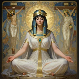 a full body portrait of a beautiful ethereal delicate byzantine egyptian mage queen meditative sacral pose catholic stages of the cross, intricate, elegant, highly detailed, digital painting, artstation, concept art, smooth, sharp focus, illustration, art by krenz cushart and artem demura and alphonse mucha