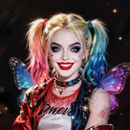female character inspired by harley quinn and star butterfly, artwork by studios ghibli