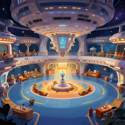 the main lobby on a large cruise spaceship, from a space themed point and click 2 d graphic adventure game, art inspired by thomas kinkade and cgi