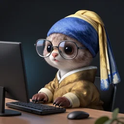 a cute mongoose with futuristic glasses working on a pc, hyper realistic, insanely detailed, in the style vermeer!