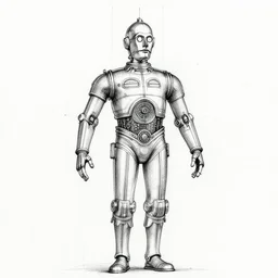 technical blueprint of C3PO, pencil style