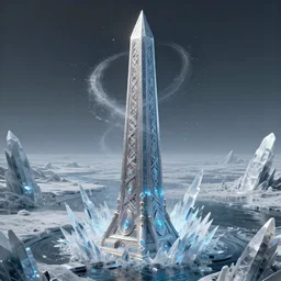 80s futuristic hyperdimensional elven obelisk, desolate, ice shards, river:: by beeple and James Gilleard and Justin Gerard :: ornate, dynamic, particulate, intricate, elegant, highly detailed, centered, artstation, smooth, sharp focus, octane render, 3d