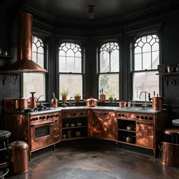 dark indoor vintage crazy kitchen with copper equipment in a cubic room with large victorian windows