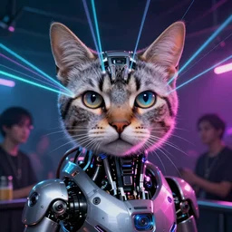 ultra detailed portrait of a futuristic cybernetic cyborg cat in a night club, by tom bagshaw, naoto hattori and anna dittman, laser light show, perfect cat eyes and face, 3 5 mm lens, biomechanical robot, deep depth of field, artstation, 8 k