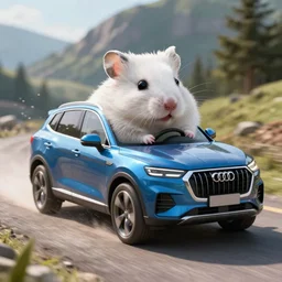 white hamster driving a blue metallik qashqai