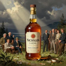 illustration of jack nicholson inside a bottle of whiskey, by norman rockwell, roberto ferri, daniel gerhartz, edd cartier, jack kirby, howard brown, ruan jia, tom lovell, jacob collins, dean cornwell