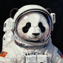 Portrait of a Panda astronaut wearing helmet in the style of James Gilleard, Zdzislaw Beksinski, Mark Ryden, Wolfgang Lettl highly detailed, hints of Yayoi Kasuma