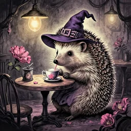 hedgehog witch in a suspicious cafe. complementary colors, copic markers, indie concept art, bloom, chiaroscuro, backlighting, intricate details.