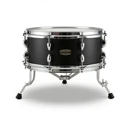 matte black snare drum, commercial catalog photo, isolated on a pure white background, centered, entire object in frame, sharp focus, soft studio lighting