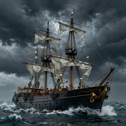 skeletons on a ship during thunderstorm on a turbulent sea, high detail!!!, hyperrealistic, mysterious, dark colors, dark background, fanatsy,