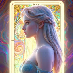 side portrait, imogen poots, paladin!, gloomhaven, soft, smooth, luminescent, art nouveau tarot, backlit glow, colorful swirly ripples, gaudy colors, aesthetic octane render, unreal engine, 8 k, by mucha, ilya kuvshinov!, cushart krenz