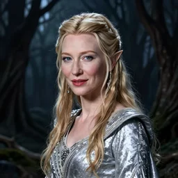 portrait of dangerous , mischievous Cate Blanchett's young Galadriel as a queen of elves, dressed in a refined silvery garment. The background is a dark, chilling eastern europen forrest.  night, horroristic shadows, higher contrasts, (((lumnious))), theatrical, character concept art by ruan jia, thomas kinkade, and J.Dickenson, trending on Pinterest