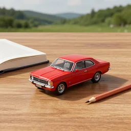 a small miniature of a red Chevrolet Opala near a book and a pencil on a wooden table, hyperrealistic, concept art, octane render, unreal engine 5, path tracing, complementary colours, high quality, highly detailed, 4K, symmetrical, low contrast, serene landscape, calm, high coherence