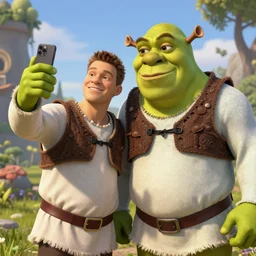 Shaun Ryder taking a selfie with Shrek in real lifeRealistic, HD Quality, 8k Resolution, Digital Art, Trending on Artstation