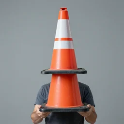 man with traffic cone for head