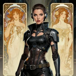 portrait of a woman wearing cyberpunk fashion in a scifi city, high detail, crisp shading, in the style of greg rutkowski and alphonse mucha and andree wallin
