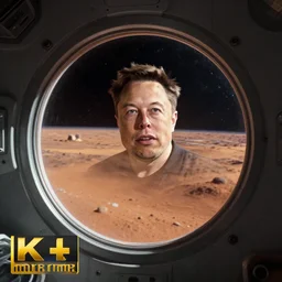 a photo of elon musk in the window of a futuristic space station orbiting mars, 4 k, 8 k