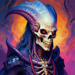 a psychedelic portrait of omin dran skeletal mind flayer aries, vibrant color scheme, highly detailed, in the style of romanticism, cinematic, artstation, moebius, greg rutkowski