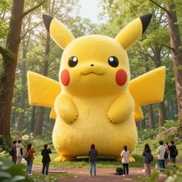 photograph of a group of people worshipping a giant!!!, fluffy!!!, chubby!!!, pikachu in a forest, ultra realistic!!!, spring time, slight overcast weather, ( golden hour ), sharp focus