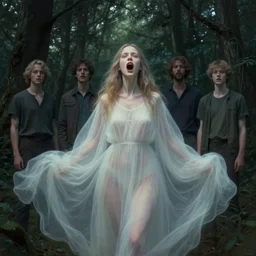 in the style of thomas kinkade, mikko lagerstedt, joshua middleton, transparent female ghost screaming, flowing dress, middle shot, symmetrical face, in the woods, moody lighting, dark fantasy