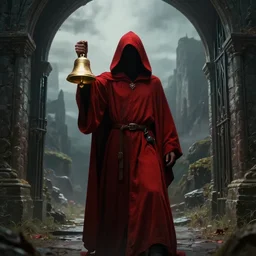 red hooded mage holding a golden bell by the gate to the 7 th realm, mindblowing, landscape art, ominous,
