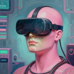 Kenne Gregoire, award winning masterpiece with incredible details, Zhang Kechun, a surreal vaporwave vaporwave vaporwave vaporwave vaporwave painting by Thomas Cole of an old pink mannequin head wearing VR goggles with cables and wires coming out of it's neck, highly detailed