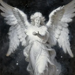 highdetailed hyperrealistic painting of white angel!!! no gender smiling noface!!!, light instead of hands, white sparkles everywhere, 4 k hd face!!!, angel bringing the light and give it to the space, big silver high detailed wings!!!, renaissance, by caspar david friedrich, holography space, glow effect, large strokes, monochrome!!!!!, digital painting, large paint strokes, textured oil painting, motion effect, blur effect, abstract painting