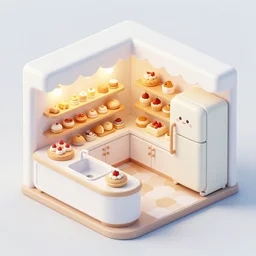 cute bakery shop, refrigerator, sink, isometric design art, white furniture, bright, artstation, highly detailed, cinematic lighting + masterpiece