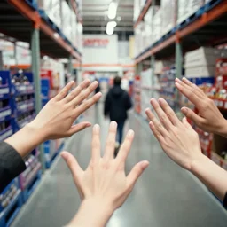 first person view. walking through a costco in 1 9 9 7. looking at hands arranged in the shape of a gossett