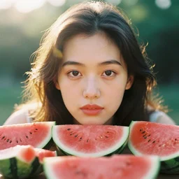 analog close up frontal face portrait photography of a beautiful woman surrounded by sliced watermelons by maxim nikolaev. vogue. kodak portra 8 0 0 film. ( depth of field ). whirl bokeh!!. golden hour. detailed. hq. realistic. warm light. muted colors. filmic. dreamy. lens flare. mamiya 7 ii, f / 1. 2, symmetrical balance, in - frame
