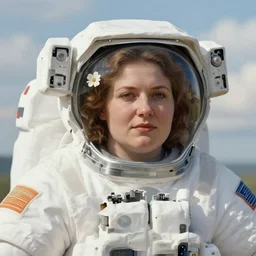 close - up astronaut fat woman portrait airy flowers cloudy sky art by vasnetsov