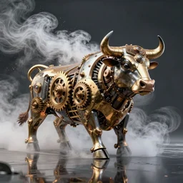 a clockwork mechanical bull there are gears sticking out of the mechanical bull steam emanates from the steampunk bull and thick clouds of steam swirl around the clockwork bull, ultra high detail, high particle effects, highly reflective surface, realistic reflections
