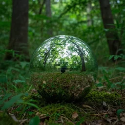 a mirror sphere sitting in a lush forest