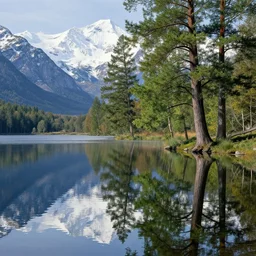 escher painting of a lake, big trees reflecting on lake surface, mountains at background, snowy, ultra sharp, ultra detailed, colorized by salvador