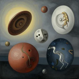 disc-like floating objects in the sky painted by hieronymus bosch, detailed digital art, trending on Artstation