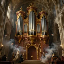 giant pipe organ rube goldberg in an underground cathedral, smoke, fairies, volumetric lighting, detailed baroque oil painting, extremely hyper - detailed, intricate, epic composition, cinematic lighting, masterpiece, trending on artstation, detailed detailed detailed, masterpiece, stunning art by anders zorn, wonderful masterpiece by greg rutkowski, beautiful cinematic light, american romanticism by greg manchess, jessica rossier