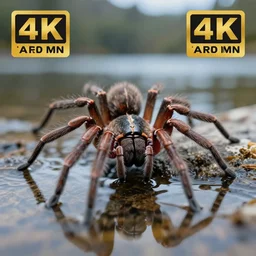 close up photo of a cellar spider, drinking water from a lake in tasmania, bokeh, 4 0 0 mm lens, 4 k award winning nature photography