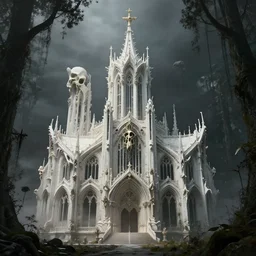 concept art of a white bone biopunk art nouveau cathedral in a dark forest, beautiful fantasy landscape, sharp focus, hyper detailed, hyperrealism, volumetric, by federico pelat and stephan martiniere and hr giger, unreal engine 5, ominous, misty, dramatic lighting, 8 k