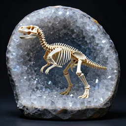dinosaur skeleton in a crystal geode, volumetric lighting