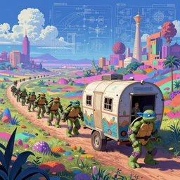caravan of teenage mutant ninja turtles traveling through a psychedelic landscape, in the style of Greg Broadmore and Arthur Rackham and Moebius, trending on artstation, light lighting side view,digital art,surrealism ,macro,blueprint ,vaporwave ,