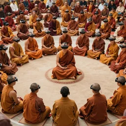 large crowd of monks wearing vr headsets and sitting in circular formation