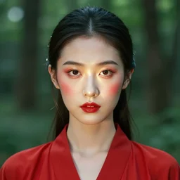 beautiful portrait, ( ( head shot ) ), red gui, sharp focus, neo classic, bloom, movie still, dogi, sony, symmetrial, makeup, sephora, loreal, green highlights, lens flare, studio light, octane render, maybelline, model, forest, traditional, vsco, bokeh, 8 k