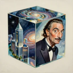 a hd surrealism painting of 3d cast glass galactic hypercube sculptures buildings by salvia dali the second, salvador dali's much more talented painter cousin, 4k, ultra realistic