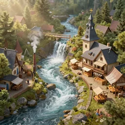 gediminas pranckevicius, very nitid scene close view of miniature world with river, small waterfall, chimney with smoke, marketplace, bakery, sallon in stule tudor, with stunning 3 d render + dim volumetric lighting, 8 k octane beautifully detailed render, post - processing, extremely hyperdetailed, intricate,, ray of sunlight, detailed painterly digital art style by wlop