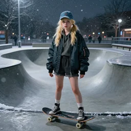 pretty face blonde skatergirl with fringe ponytail hair in denim baseball cap bomber jacket and high top sneakers in the skatepark during winter blizzard midnight. wide eyes, highly detailed, cinematic dramatic lighting, low lit, fully body shot, smooth concept art, airbrush, by artgerm and greg rutkowski and alphonse mucha and simon stalenhag artstation