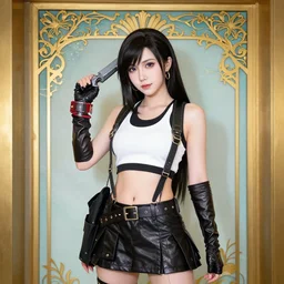 kaho shibuya cosplaying as tifa lockhart, mucha style, art nouveau,