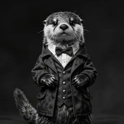 anthropomorphic otter in costume, blacksad, naranbaatar ganbold, concept art, highly detailed, eddotorial illustration, b & w, noir